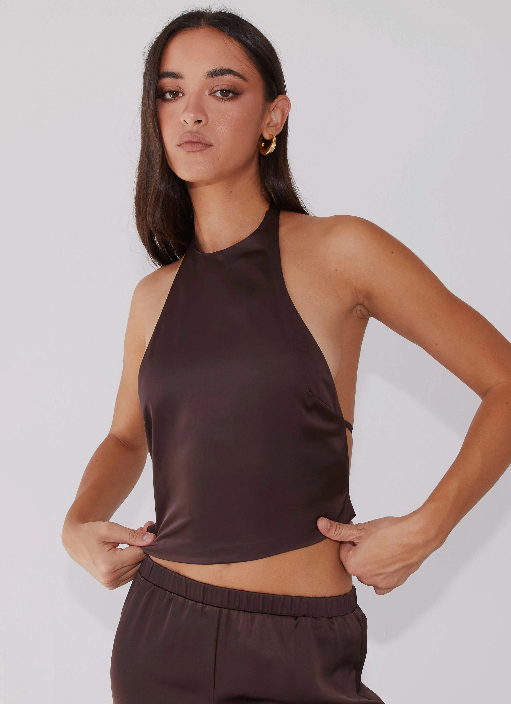 Relaxed Silhouette Bree Satin Halterneck Top - Brown