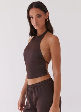 Bonded Seam Construction Bree Satin Halterneck Top - Brown