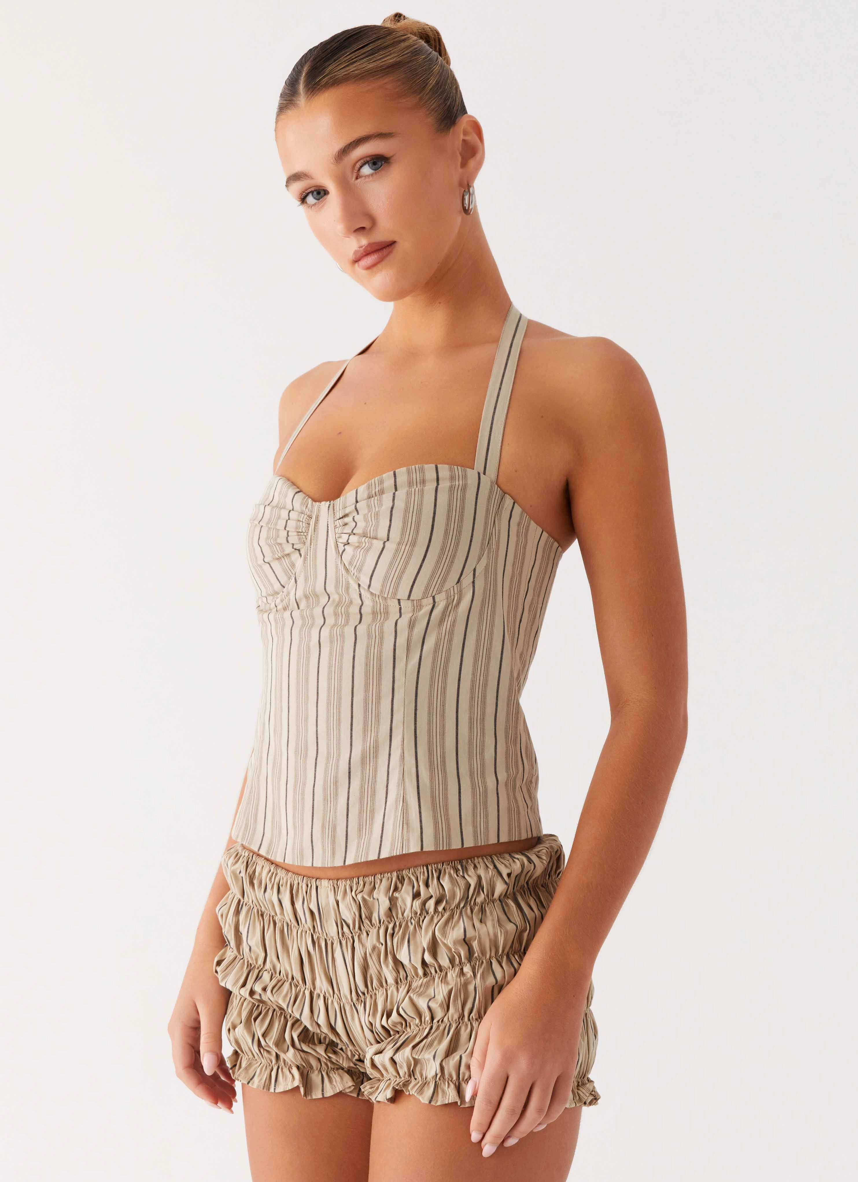 Cheryl Bustier Halter Top - Oatmeal Stripe Casual Pullover Odor Control Technology