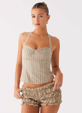 Cheryl Bustier Halter Top - Oatmeal Stripe DurableDoubleLayeredHem Reinforced Hem Stitching
