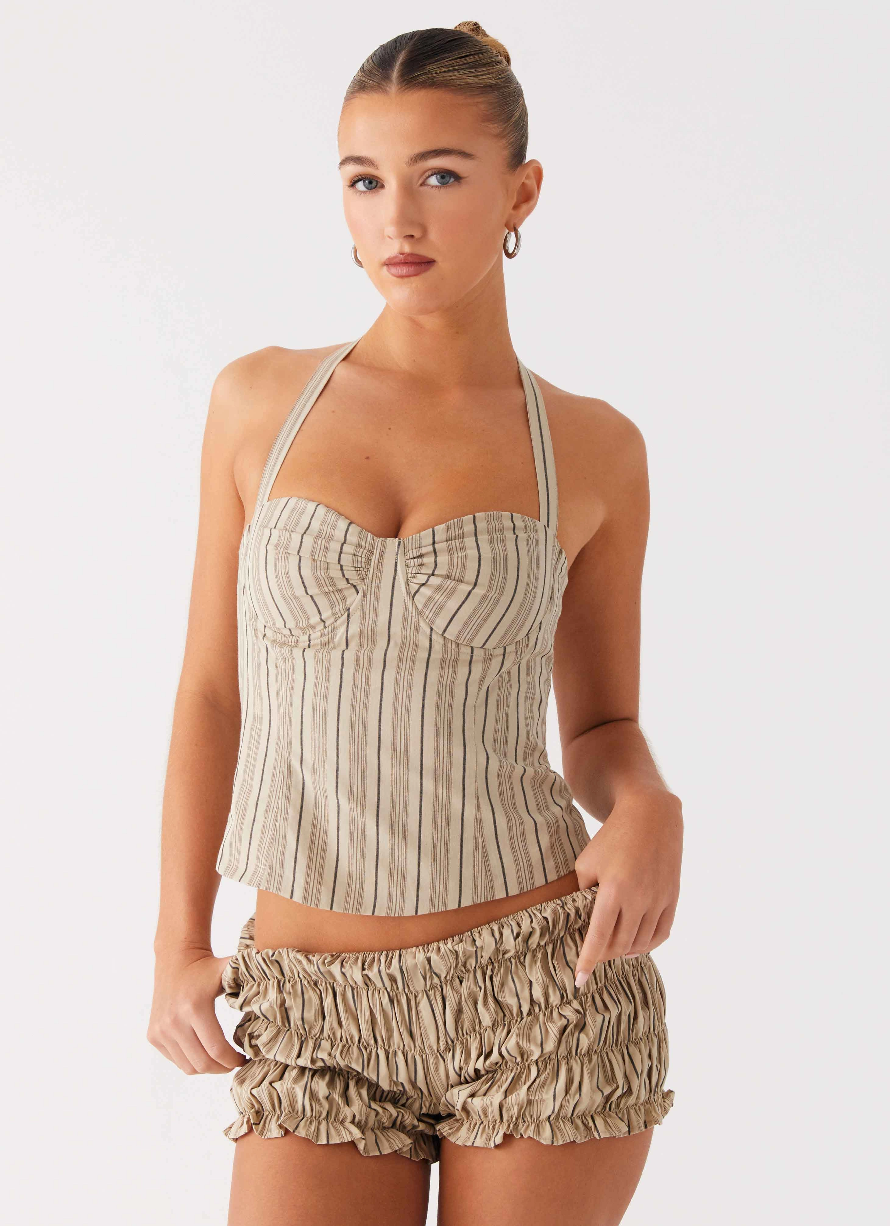 Cheryl Bustier Halter Top - Oatmeal Stripe DurableDoubleLayeredHem Reinforced Hem Stitching