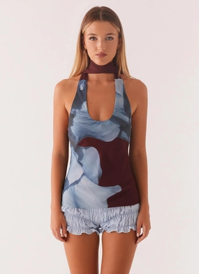 Catarina Halter Top - Maroon Print Buttery Soft Handfeel VentilatedArmholes