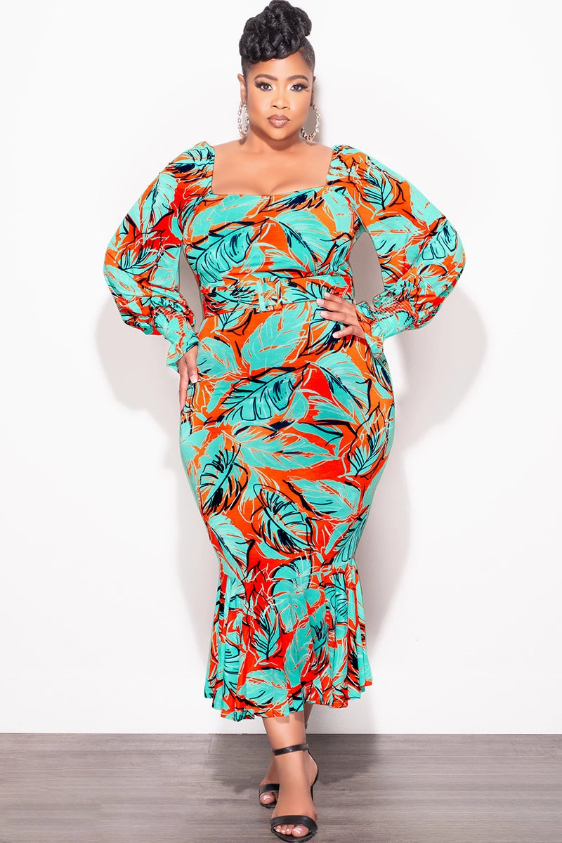Final Sale Plus Size Midi BodyCon Dress with Ruffle Bottom in Mint & Orange Floral Print Elasticized Cuffs Packable design