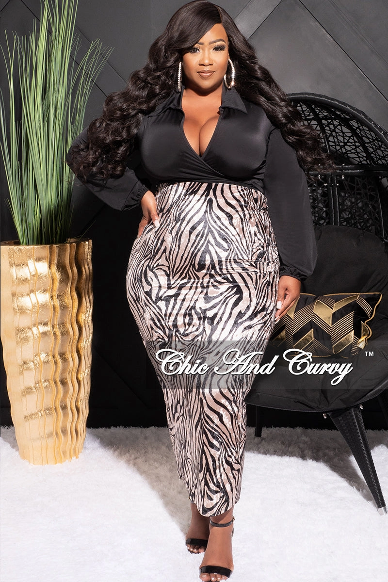 Final Sale Plus Size 2pc Long Sleeve Faux Wrap Collar Black Crop Tie Top and Skirt Set in Velvet Zebra Print Essential Comfort Wear Core Cut