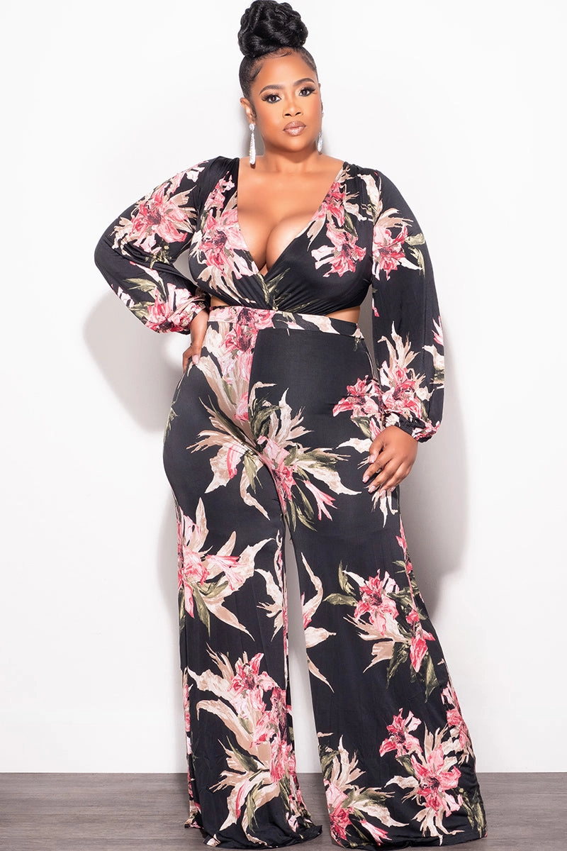 Final Sale Plus Size Faux Wrap Jumpsuit with Side Cut Outs & Sexy Open Criss Cross Back in Black & Pink Floral Print Core Style