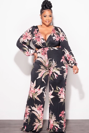 Final Sale Plus Size Faux Wrap Jumpsuit with Side Cut Outs & Sexy Open Criss Cross Back in Black & Pink Floral Print ReinforcedBeltLoops DoubleLayeredFabric