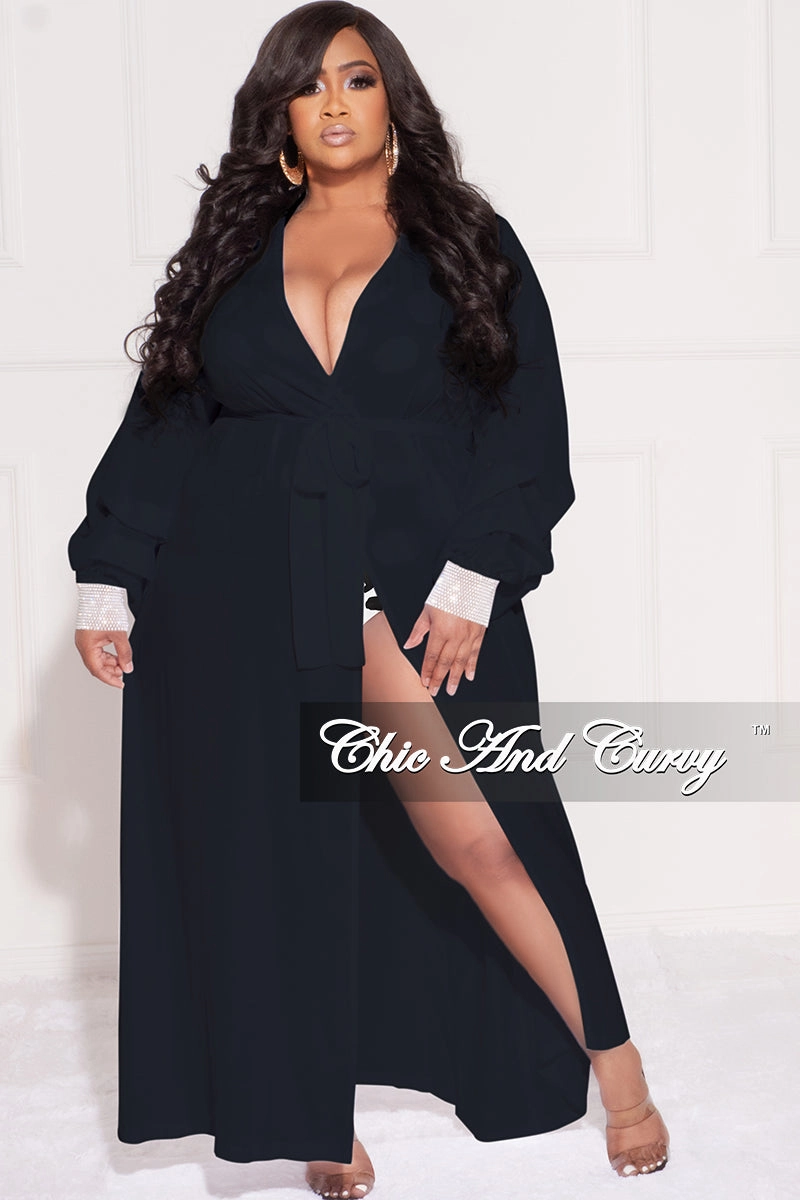 Final Sale Plus Size Sheer Chiffon Duster with Waist Tie and Rhinestone Cuff in Black Fashionable Appeal
