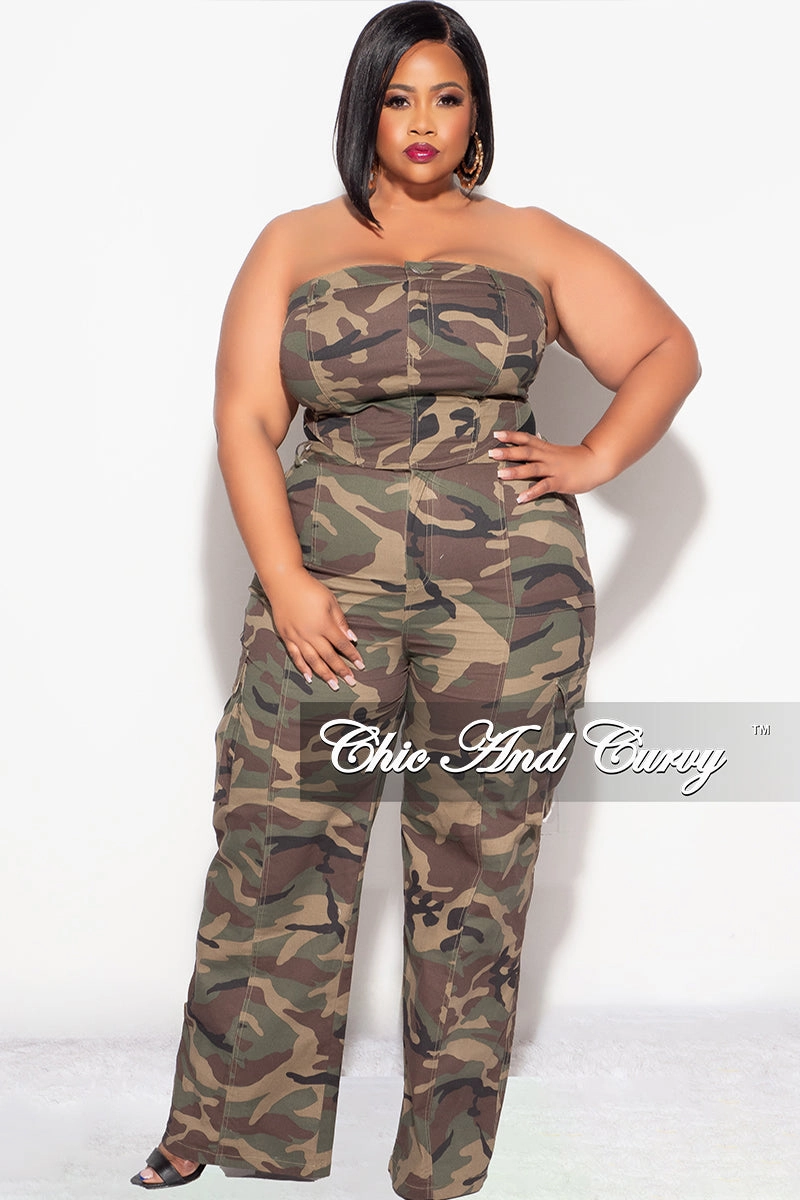 Eco Friendly Dyeing Final Sale Plus Size Strapless 2pc Top and Pants Set in Camo