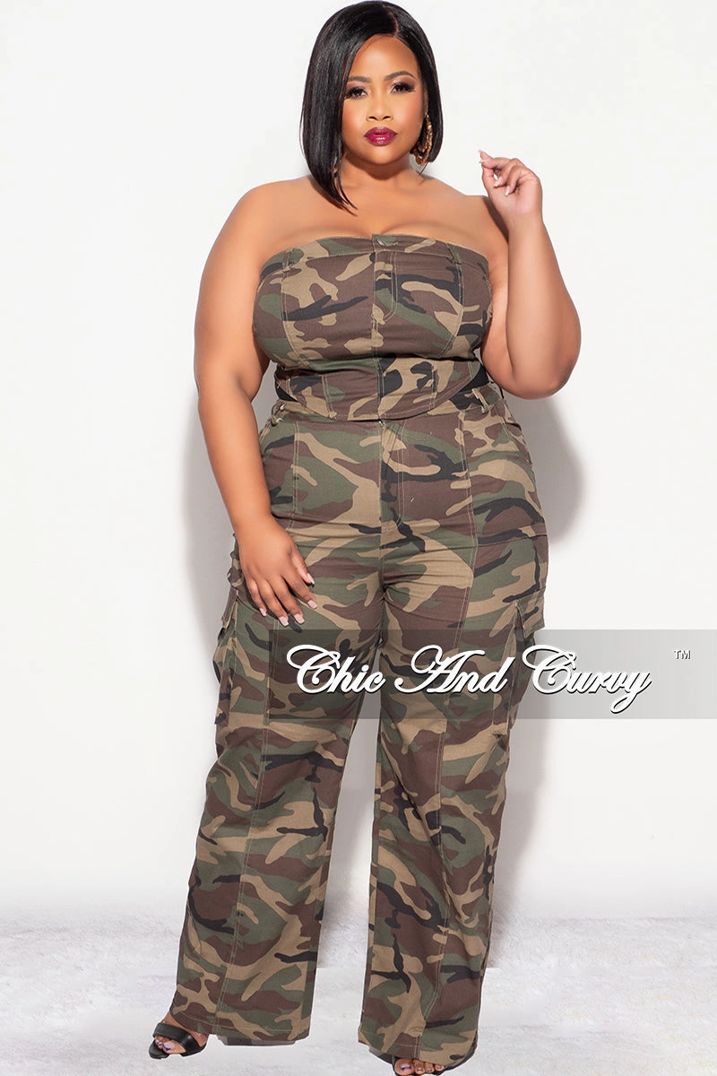 Final Sale Plus Size Strapless 2pc Top and Pants Set in Camo Flat Lock Seams Lightweight Material