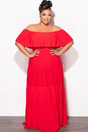 TaglessLabel Final Sale Plus Size Off The Shoulder Tiered Maxi Dress in Red
