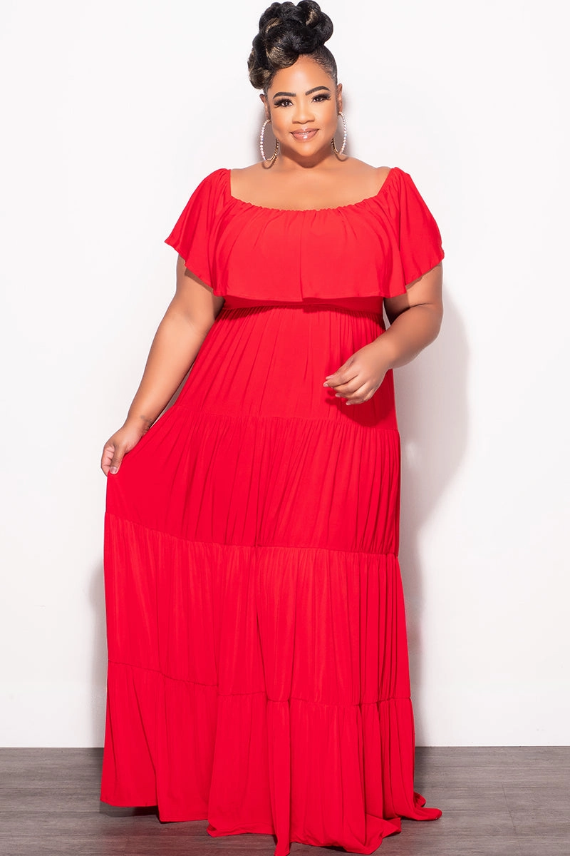 Final Sale Plus Size Off The Shoulder Tiered Maxi Dress in Red Non Restrictive Cut Flowy legs
