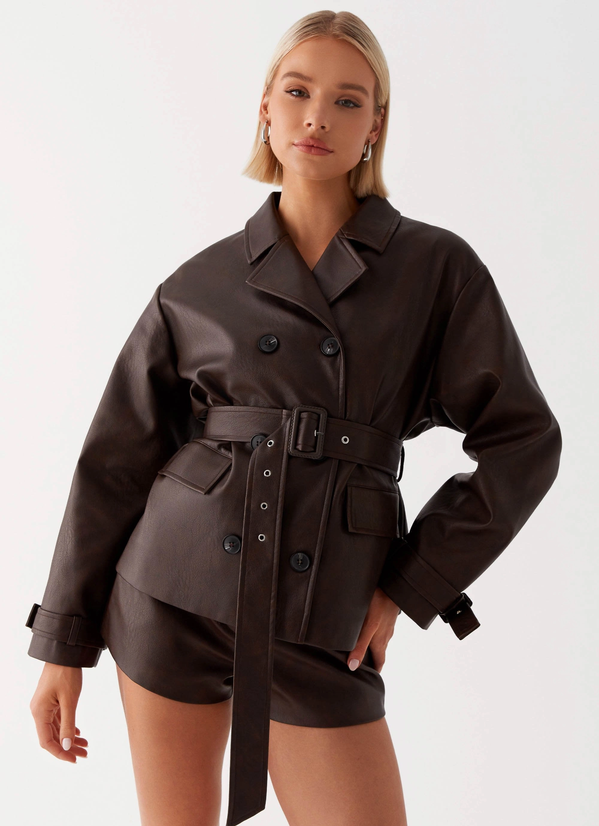 Reinforced Collar Structure Francisco Cropped Trench Coat - Brown
