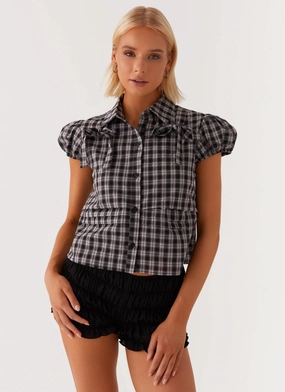 NoTagLabel Lorraine Puff Sleeve Top - Black White Check