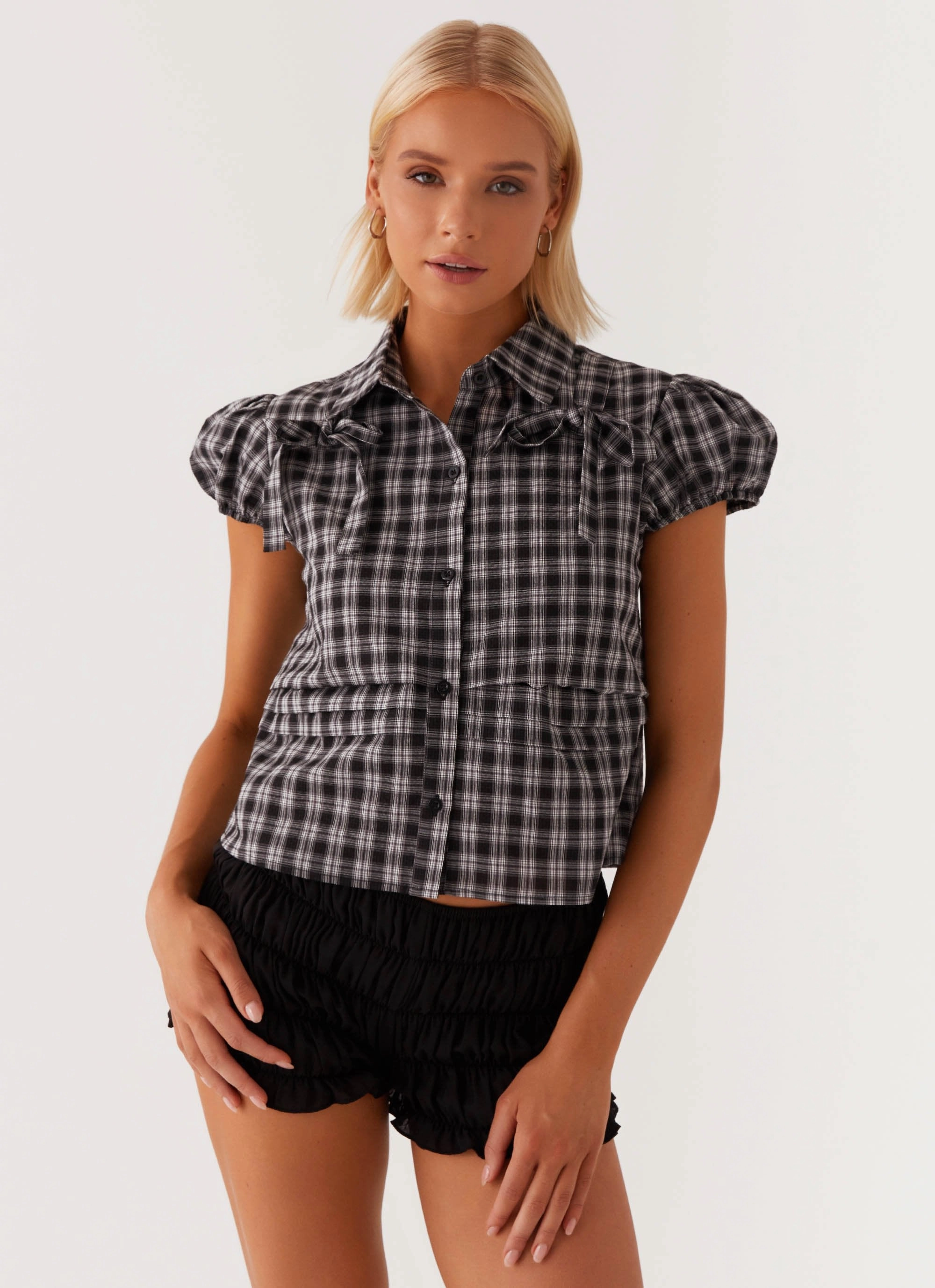 NoTagLabel Lorraine Puff Sleeve Top - Black White Check