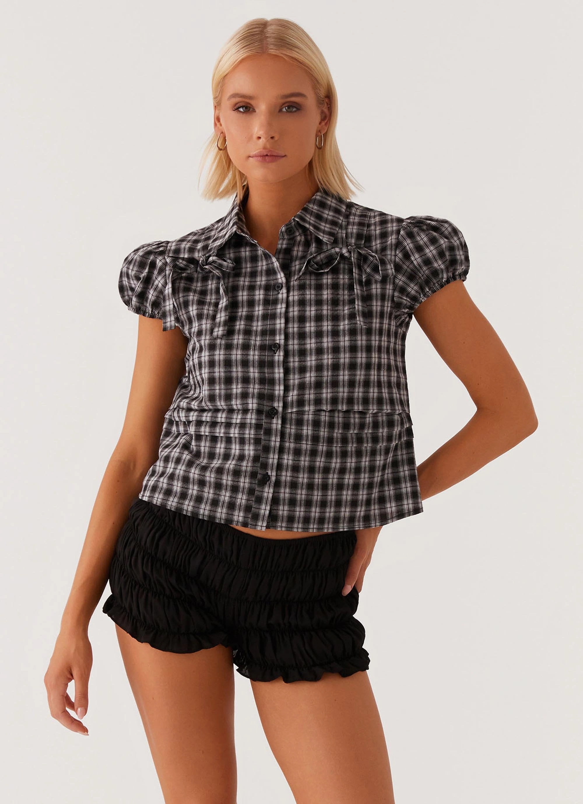 Lorraine Puff Sleeve Top - Black White Check Comfortable Design Tagless Labeling