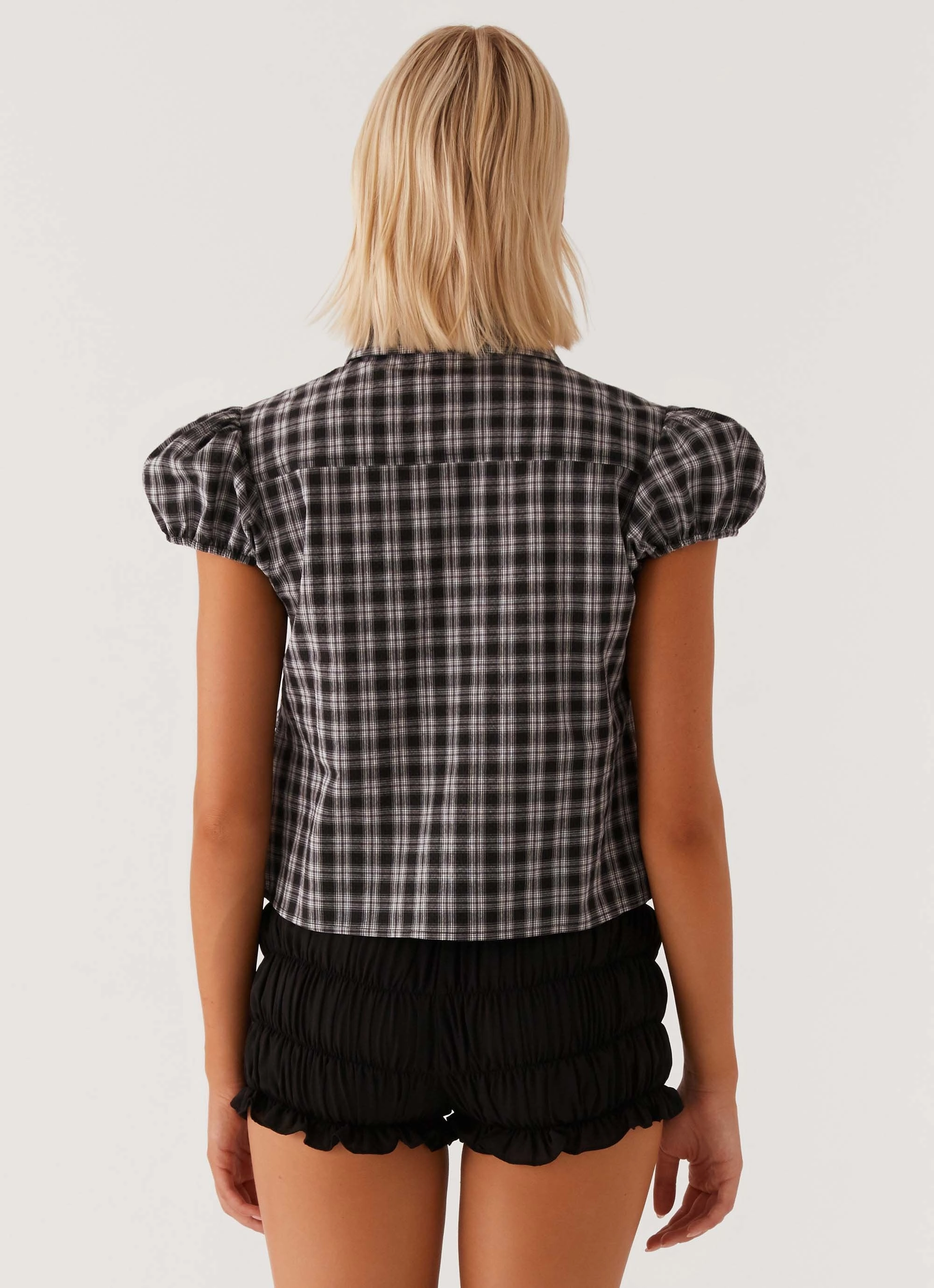 Lorraine Puff Sleeve Top - Black White Check TumbleDryFriendlyMaterial