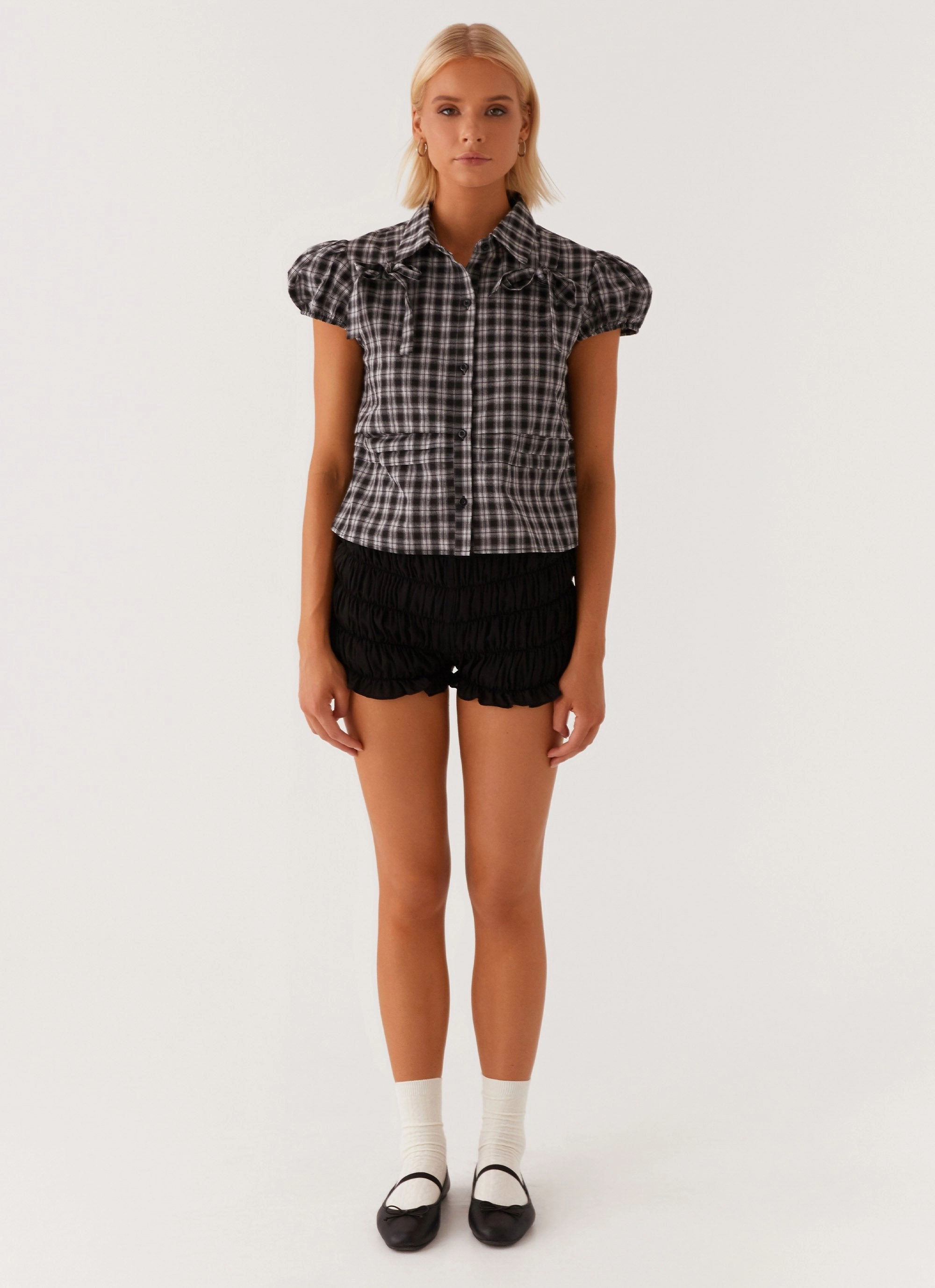Lorraine Puff Sleeve Top - Black White Check Quick-Dry