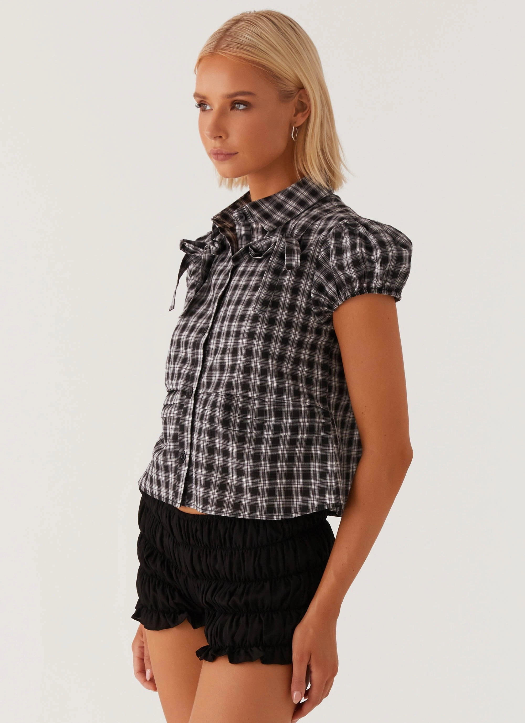 Lorraine Puff Sleeve Top - Black White Check Loose Tee