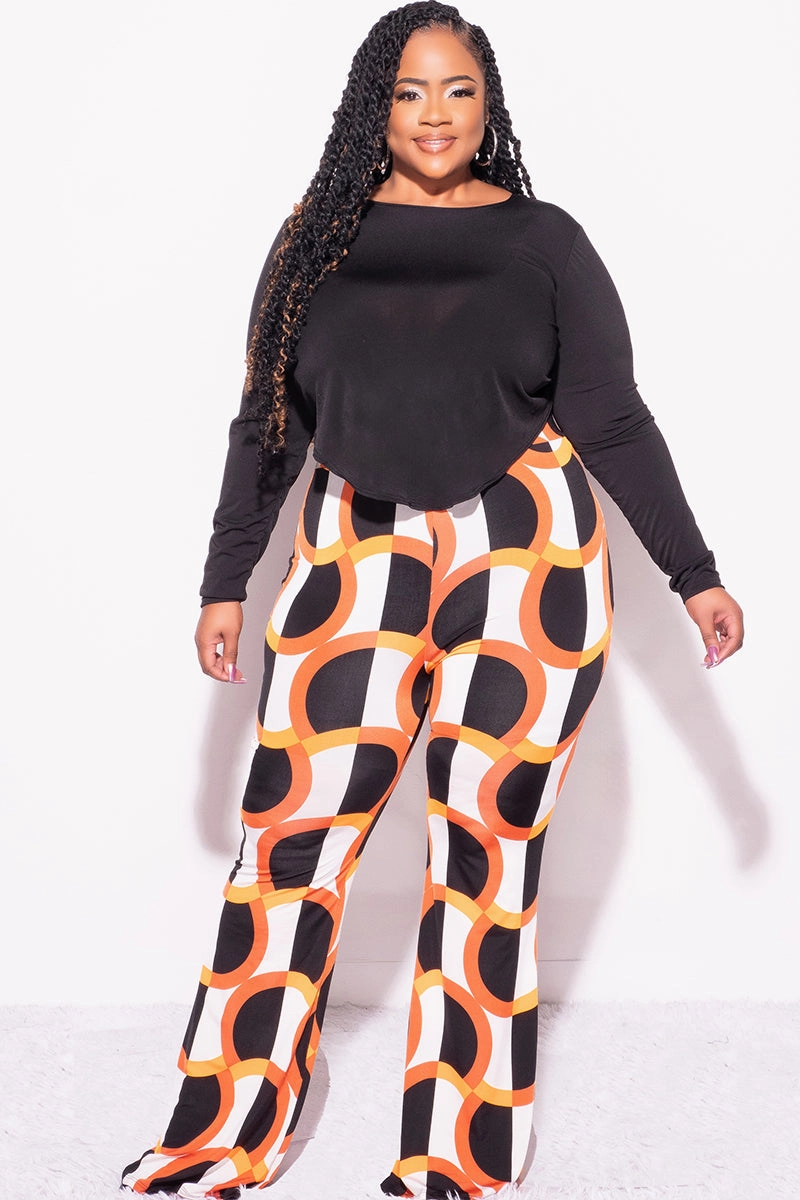 Final Sale Plus Size 2pc Black Long Sleeve Faux Wrap Collar Crop Tie Top and Pants in Orange & Ivory Design Print Chilly Day Ready