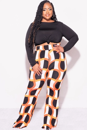 Quick Release Closure Final Sale Plus Size 2pc Black Long Sleeve Faux Wrap Collar Crop Tie Top and Pants in Orange & Ivory Design Print