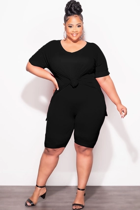 Cozy Wear Final Sale Plus Size 2pc V-Neck Tunic Top and Matching Shorts Set in Black