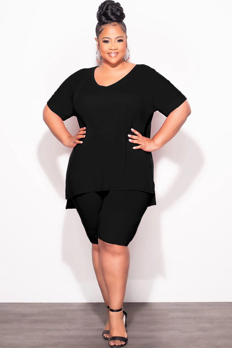 Casual Office Metallic accents Final Sale Plus Size 2pc V-Neck Tunic Top and Matching Shorts Set in Black