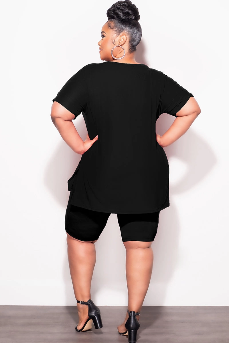Final Sale Plus Size 2pc V-Neck Tunic Top and Matching Shorts Set in Black Flattering Cut