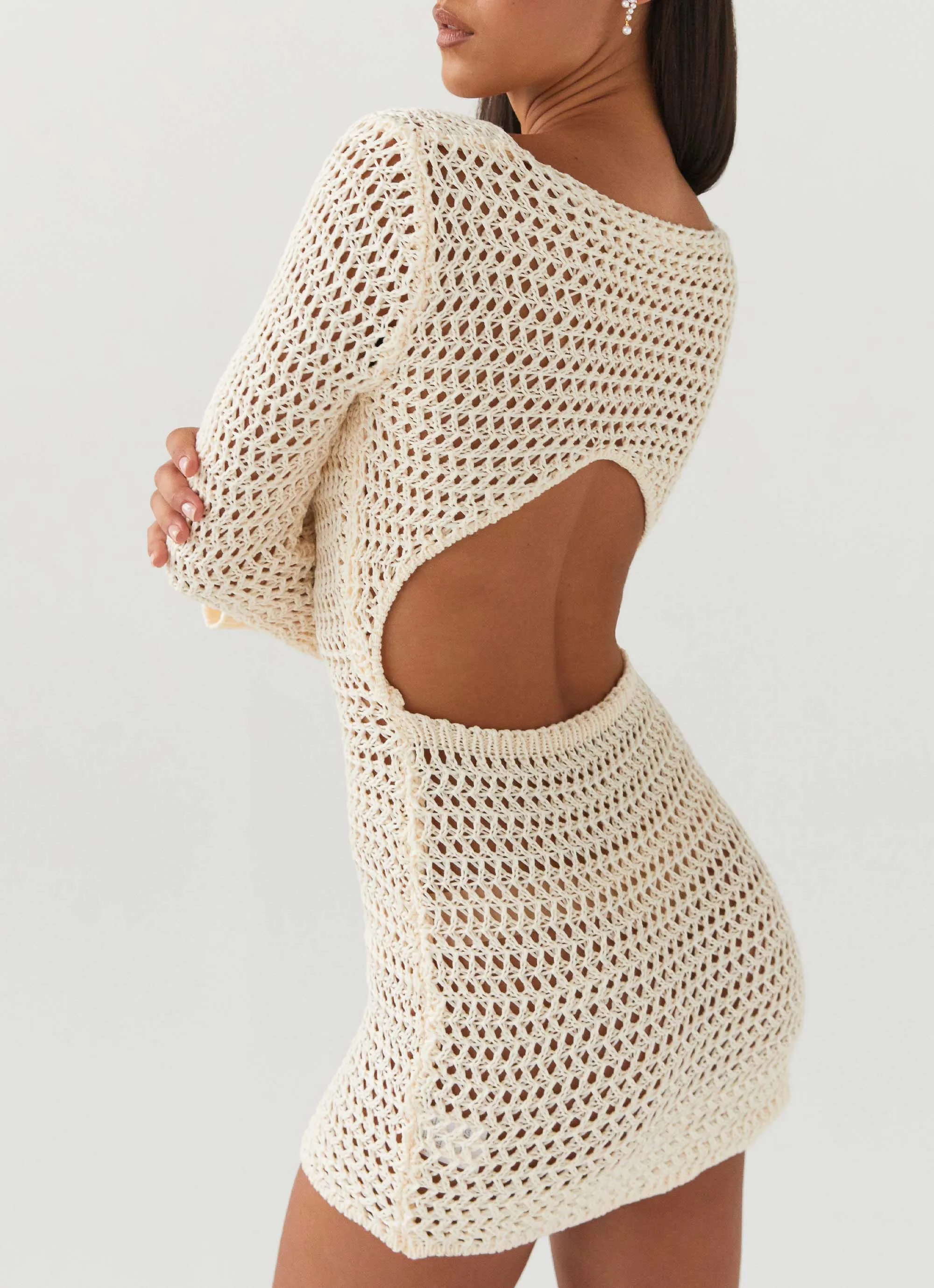 High-waisted evening piece Down For The Ride Crochet Mini Dress - Ivory