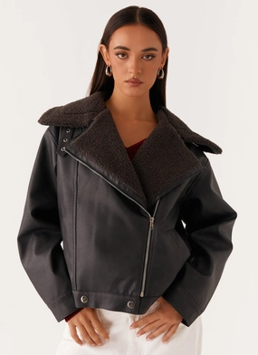 WrinkleFreeFinish Scratch Resistant Zippers Inka PU Leather Shearling Jacket - Charcoal