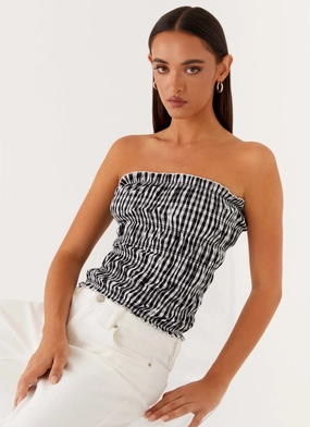 Orion Strapless Ruched Top - Black/White Gingham TexturedSurface
