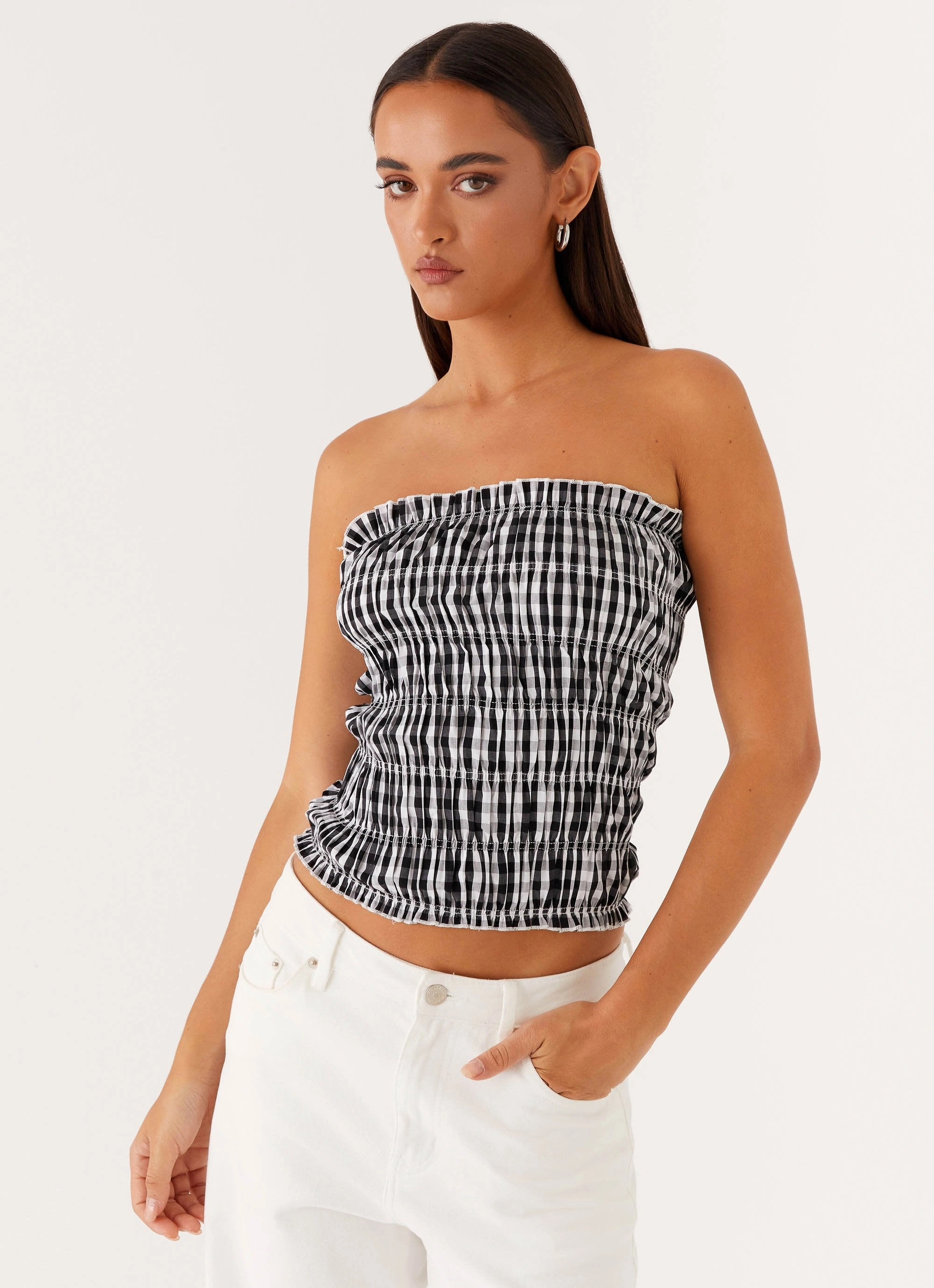Low Profile Collar Orion Strapless Ruched Top - Black/White Gingham