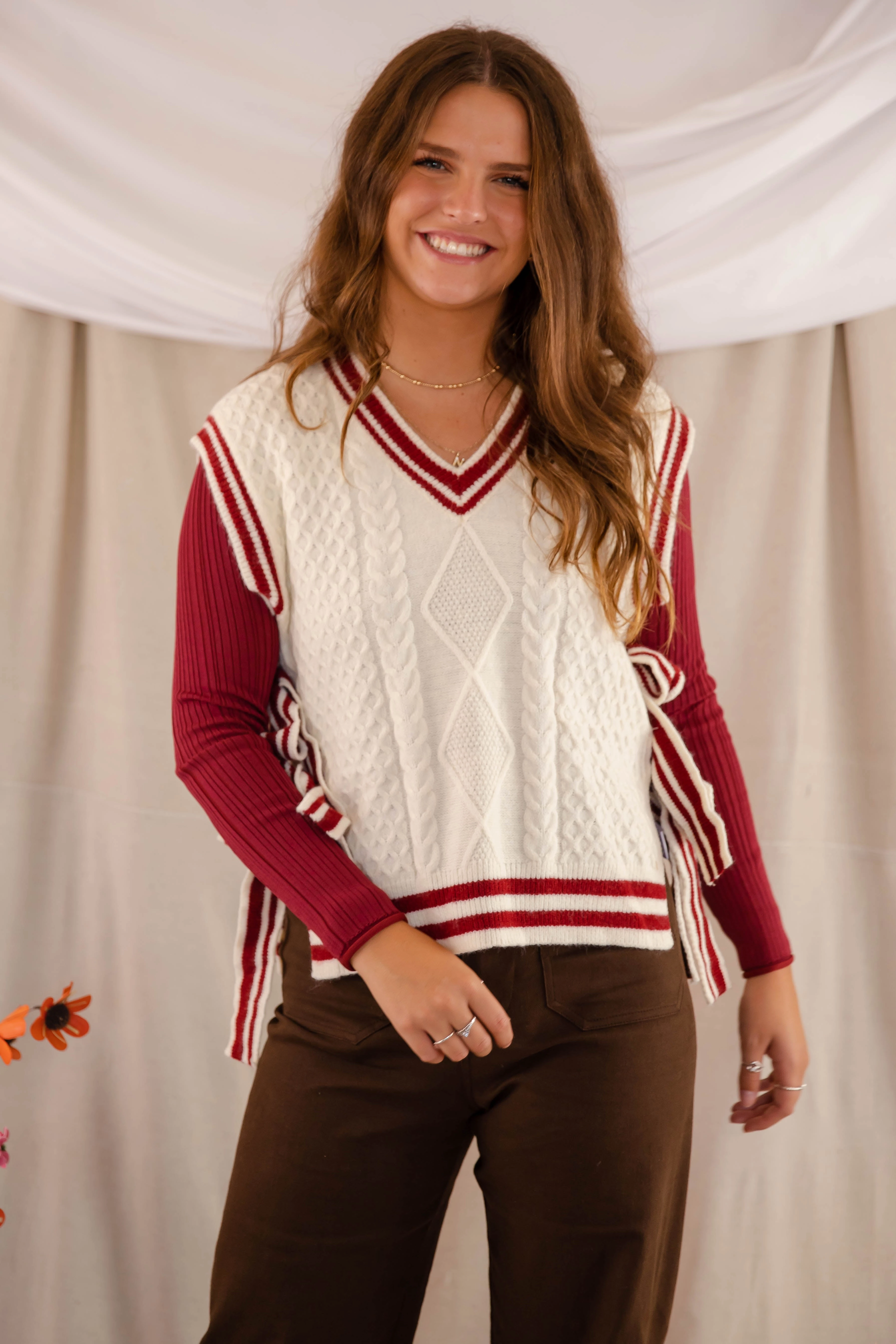 Truth Or Dare Sweater Vest-Brick Wrinkle resistant fabric RawHemDetail