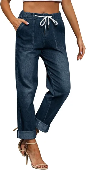 Drawstring Jeans Women Pull On High Waisted Denim Joggers Boyfriend Baggy Cropped Straight Leg Jeans with Pockets