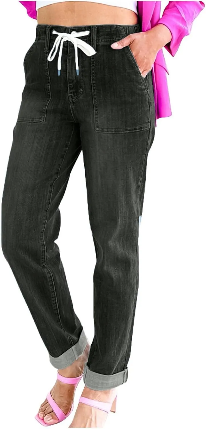 Drawstring Jeans Women Pull On High Waisted Denim Joggers Boyfriend Baggy Cropped Straight Leg Jeans with Pockets