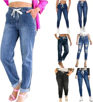 Drawstring Jeans Women Pull On High Waisted Denim Joggers Boyfriend Baggy Cropped Straight Leg Jeans with Pockets