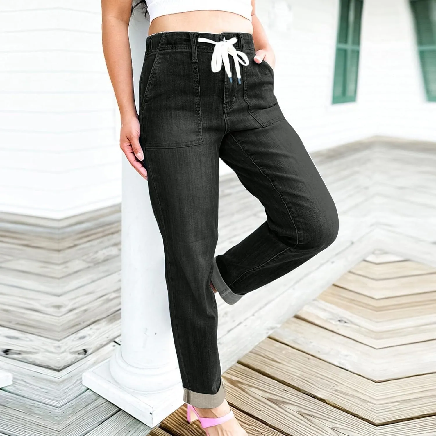 Drawstring Jeans Women Pull On High Waisted Denim Joggers Boyfriend Baggy Cropped Straight Leg Jeans with Pockets