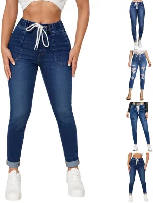 Drawstring Jeans Women Pull On High Waisted Denim Joggers Boyfriend Baggy Cropped Straight Leg Jeans with Pockets