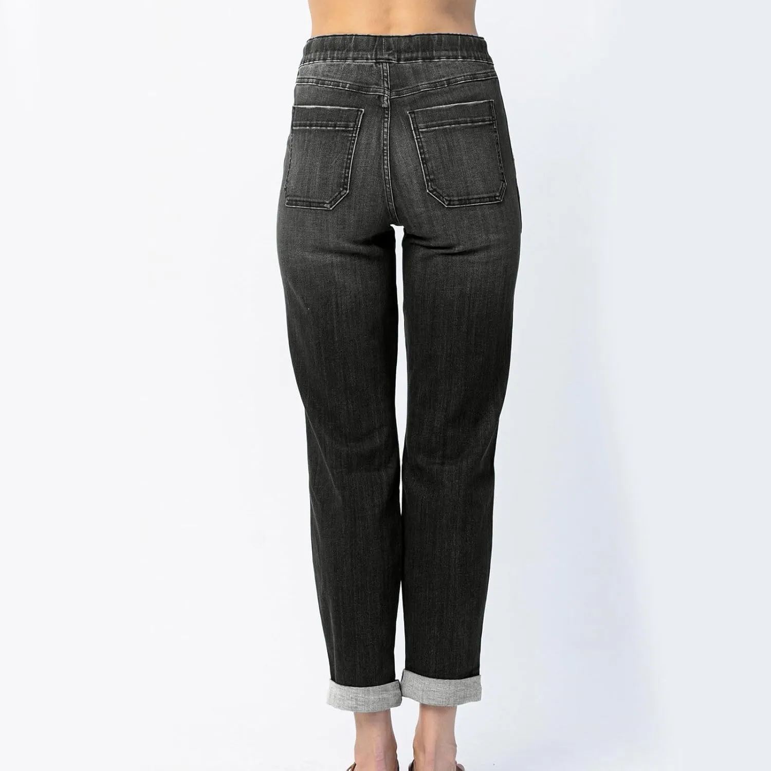Drawstring Jeans Women Pull On High Waisted Denim Joggers Boyfriend Baggy Cropped Straight Leg Jeans with Pockets