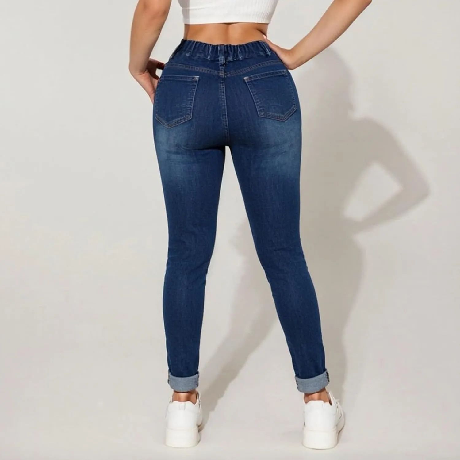 Drawstring Jeans Women Pull On High Waisted Denim Joggers Boyfriend Baggy Cropped Straight Leg Jeans with Pockets