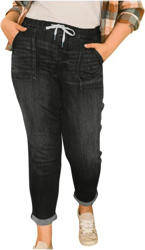 Drawstring Jeans Women Pull On High Waisted Denim Joggers Boyfriend Baggy Cropped Straight Leg Jeans with Pockets