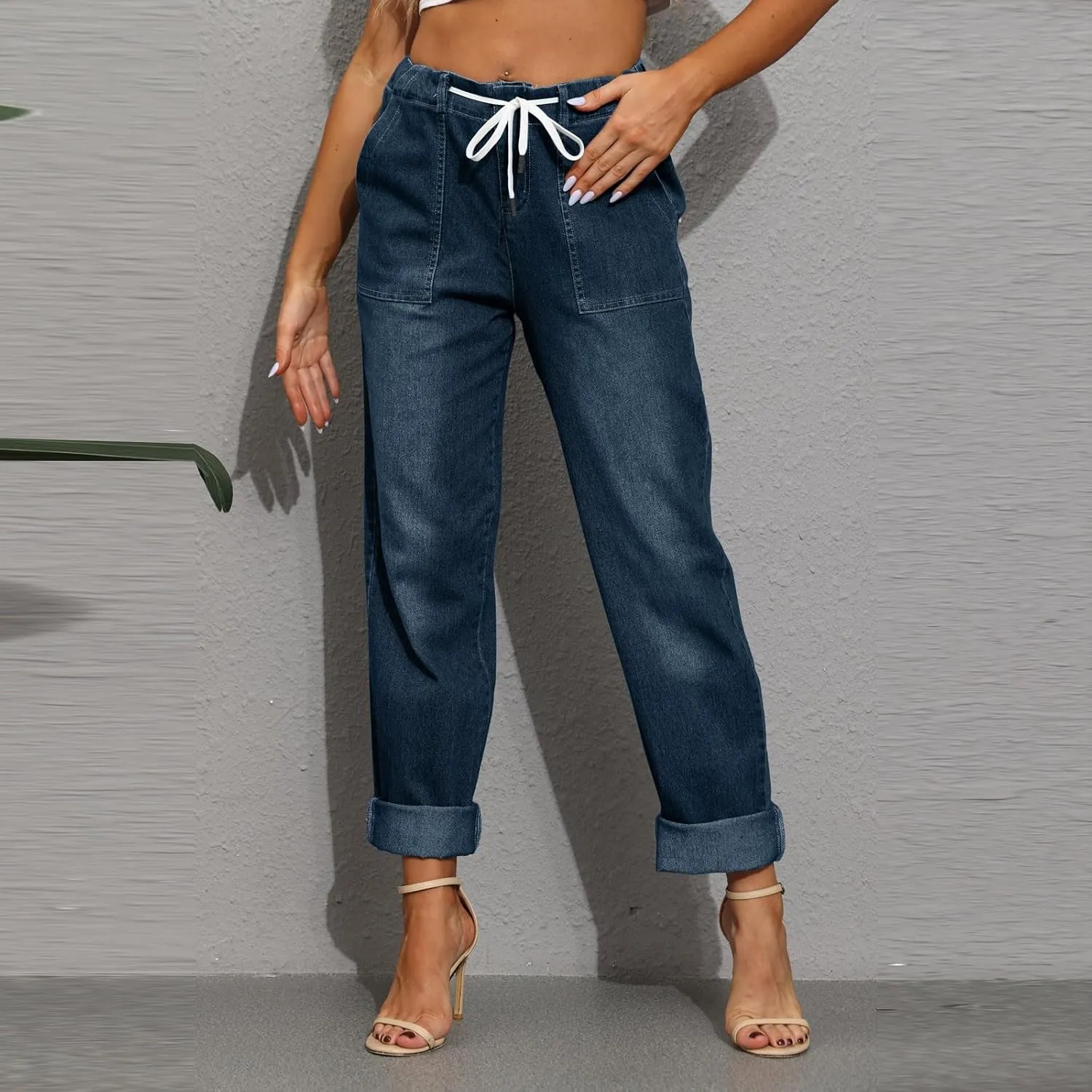Drawstring Jeans Women Pull On High Waisted Denim Joggers Boyfriend Baggy Cropped Straight Leg Jeans with Pockets