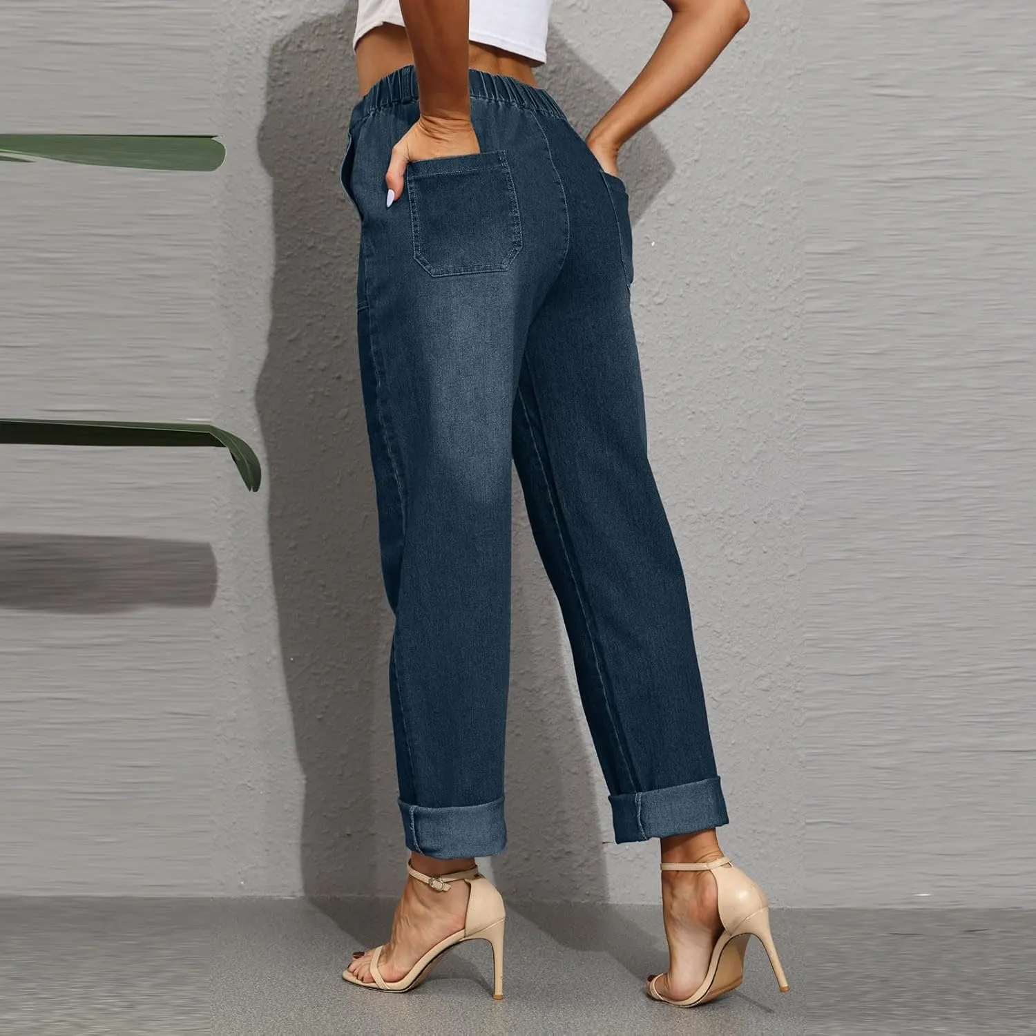 Drawstring Jeans Women Pull On High Waisted Denim Joggers Boyfriend Baggy Cropped Straight Leg Jeans with Pockets