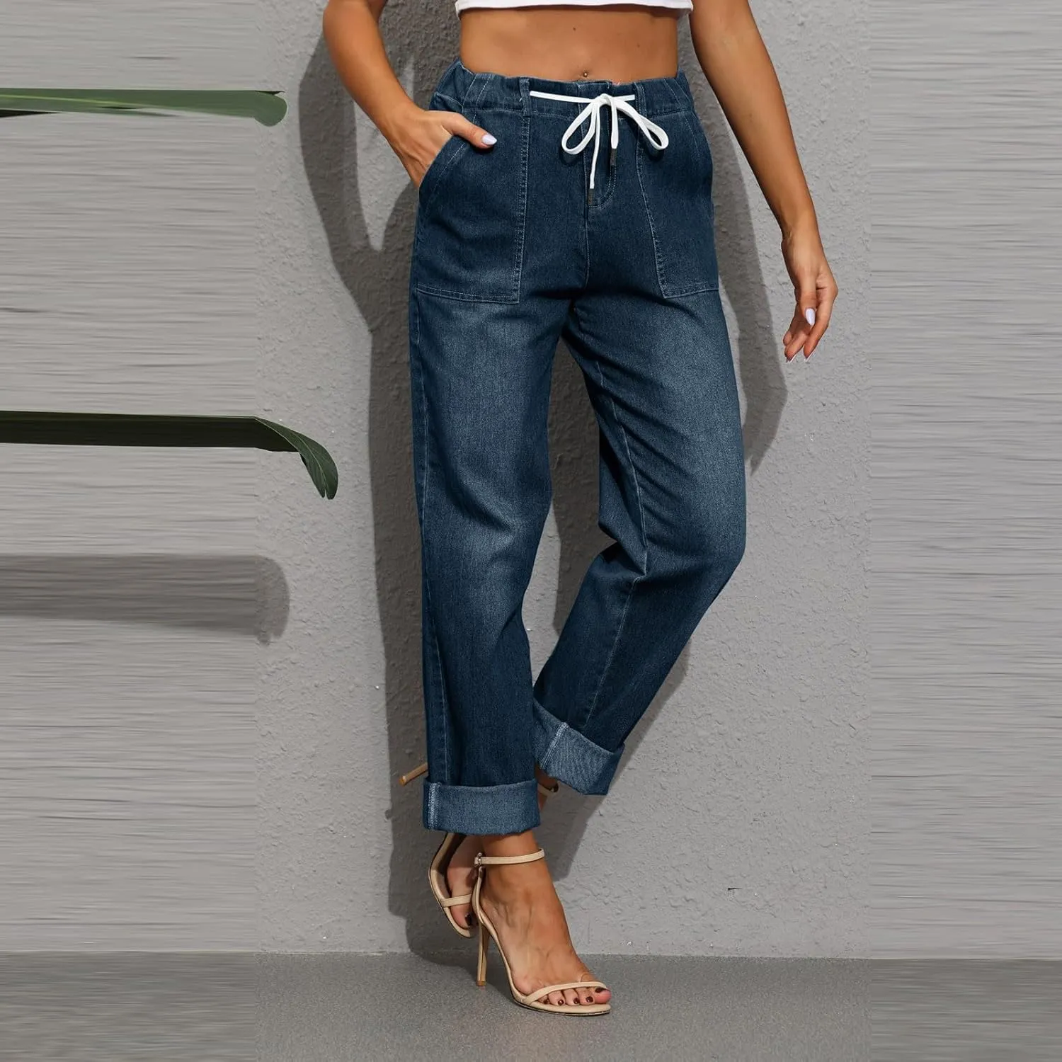 Drawstring Jeans Women Pull On High Waisted Denim Joggers Boyfriend Baggy Cropped Straight Leg Jeans with Pockets