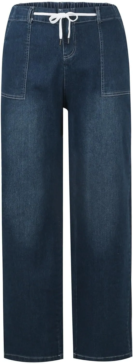 Drawstring Jeans Women Pull On High Waisted Denim Joggers Boyfriend Baggy Cropped Straight Leg Jeans with Pockets