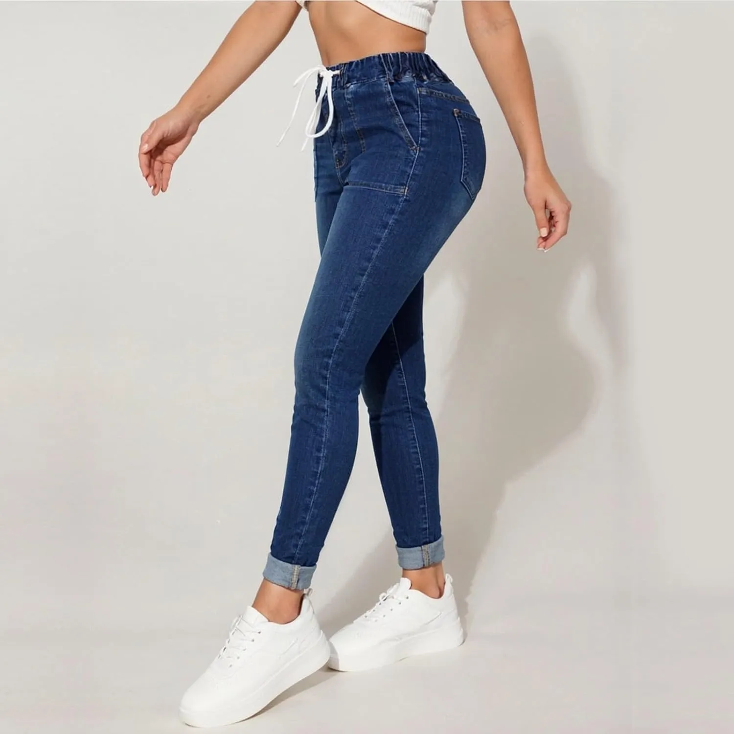 Drawstring Jeans Women Pull On High Waisted Denim Joggers Boyfriend Baggy Cropped Straight Leg Jeans with Pockets
