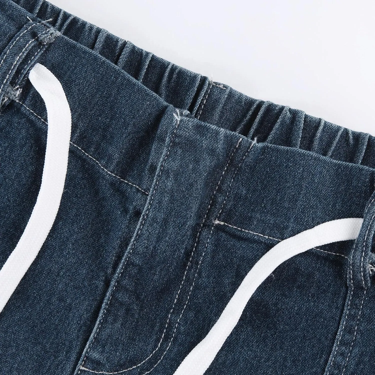 Drawstring Jeans Women Pull On High Waisted Denim Joggers Boyfriend Baggy Cropped Straight Leg Jeans with Pockets
