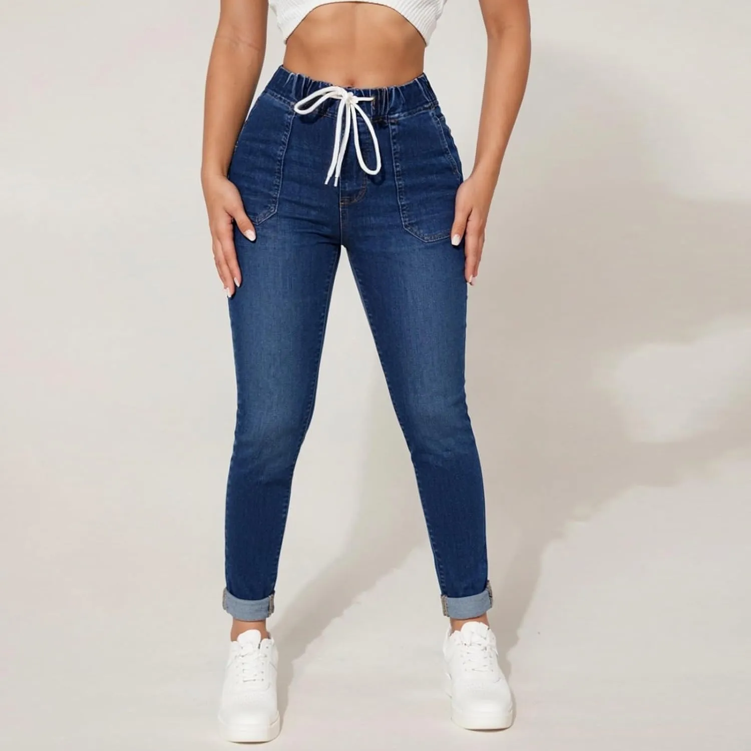 Drawstring Jeans Women Pull On High Waisted Denim Joggers Boyfriend Baggy Cropped Straight Leg Jeans with Pockets