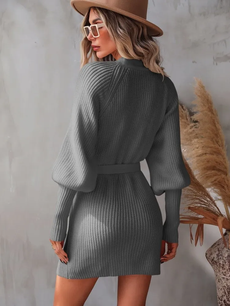 Dream Chaser Mini V Neck Wrap Sweater Dress