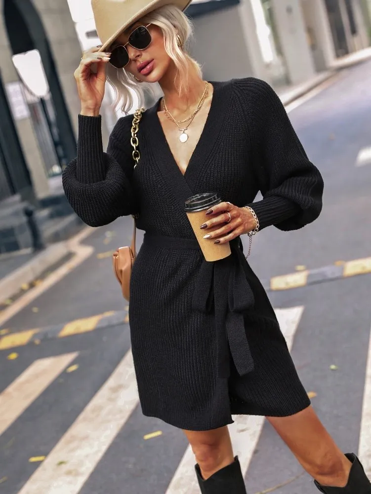 Dream Chaser Mini V Neck Wrap Sweater Dress