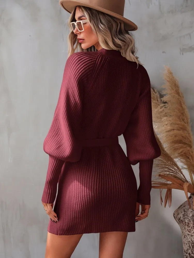 Dream Chaser Mini V Neck Wrap Sweater Dress